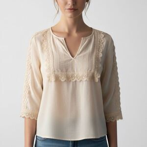 Sundance Notched Neckline Lace Trimmed Silk Blouse Peasant Cottage Boho Size XL